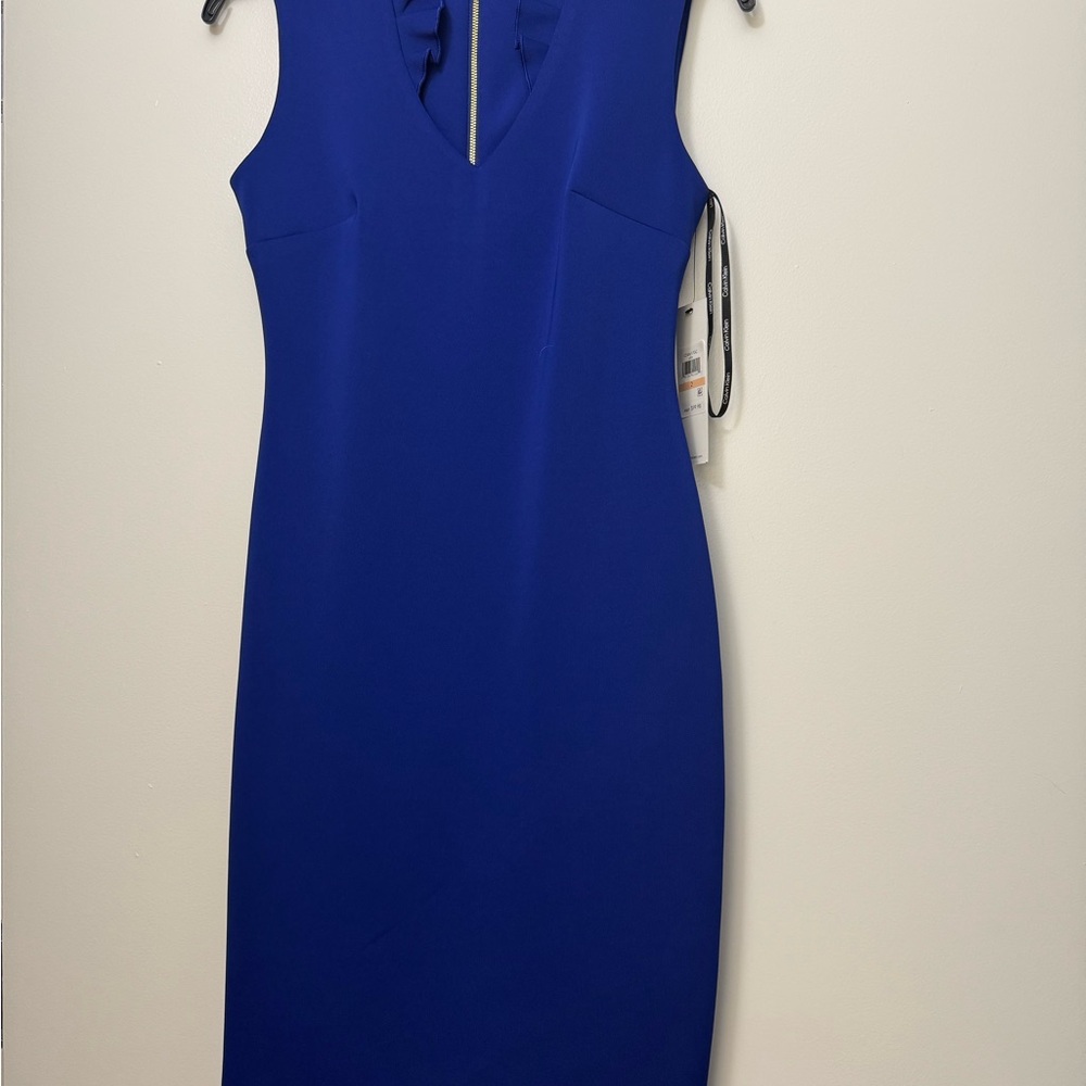 Calvin Klein Blue Scuba Midi Dress Plunge Neckline
